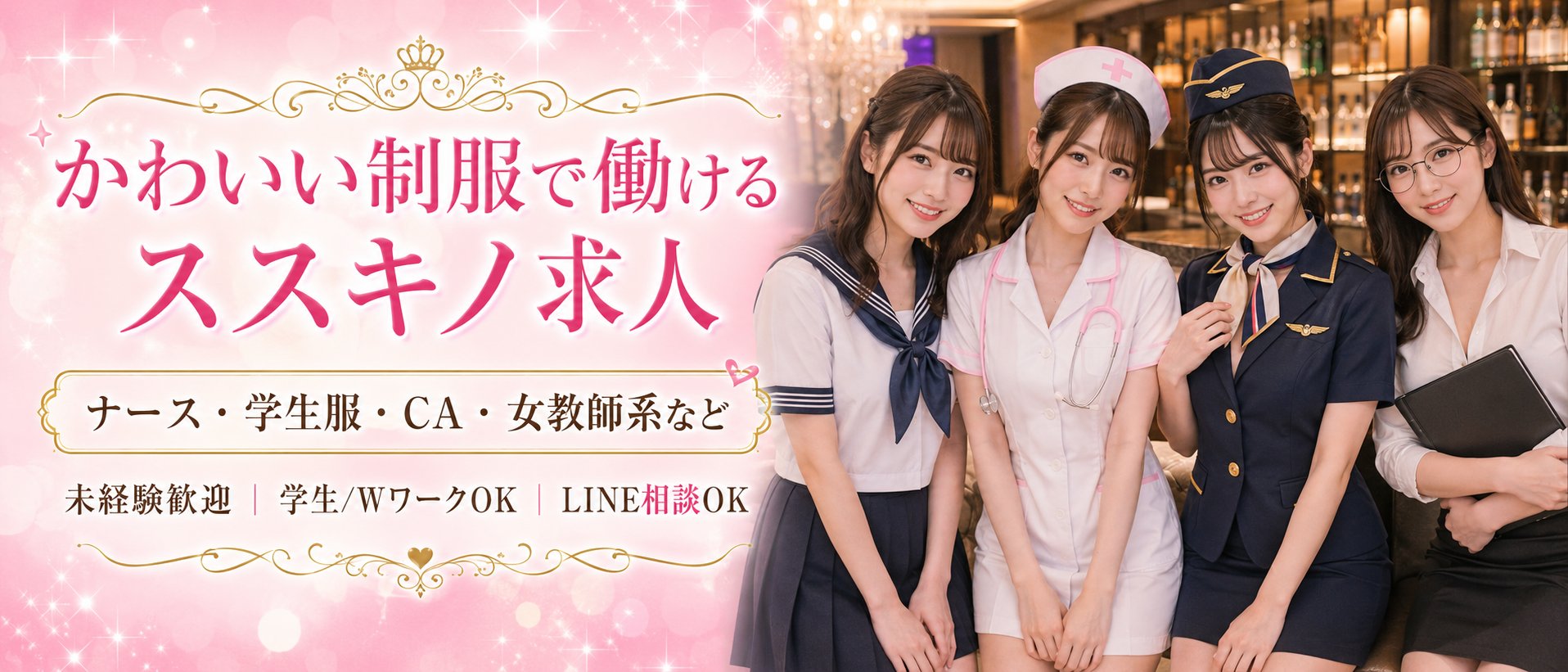 かわいい制服で働けるススキノ求人 ナース・学生服・CA 未経験歓迎